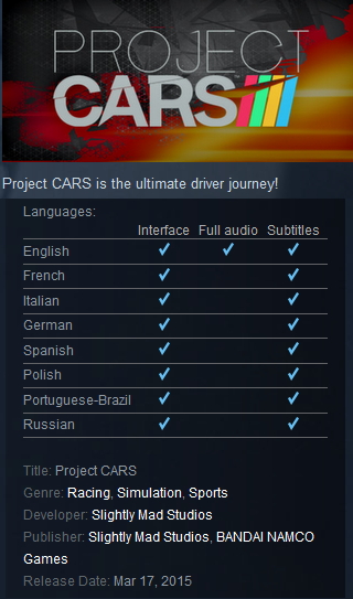 Project CARS Standart Edition Steam - Click Image to Close